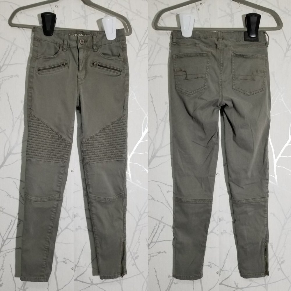 American Eagle Gray Sage Sateen Moto High Rise Jeggings